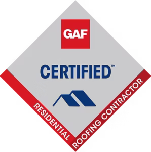 GAF Certified Residential Roofing Contractor badge, featuring a red and gray diamond shape with the GAF logo, the word CERTIFIED, a blue roof icon, and symbolizing trusted expertise in Roof Replacement.